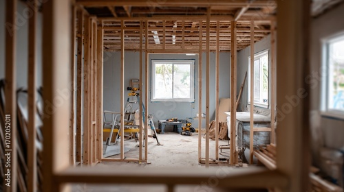 Drywall installation on interior framing, cozy ambient workspace