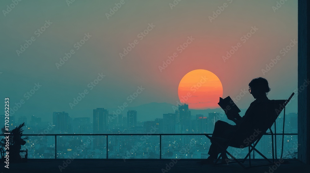 Fototapeta premium Silhouette Woman Reading Book on Balcony During Sunset Over Cityscape
