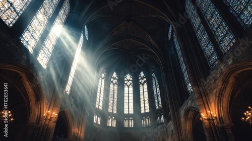 Sunlight streaming through the tall stained-glass windows inside a gothic cathedral, filling the space with a mystical atmosphere