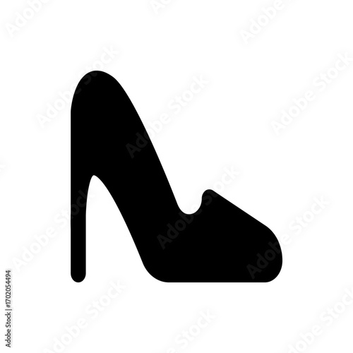 Silhouette of a high heeled shoe with a curved heel and a rounded toe pointing to the right side view