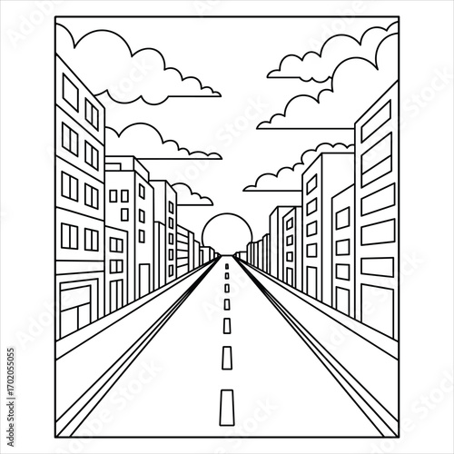 City Road with Buildings Coloring Page for Kids