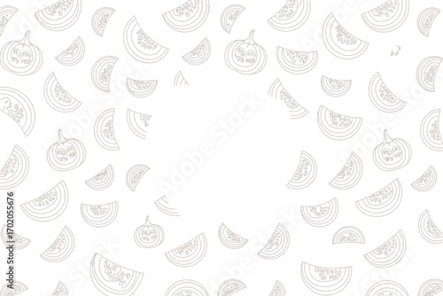 A seamless pattern of sketched pumpkins and pumpkin slices on a white background creating a fall theme