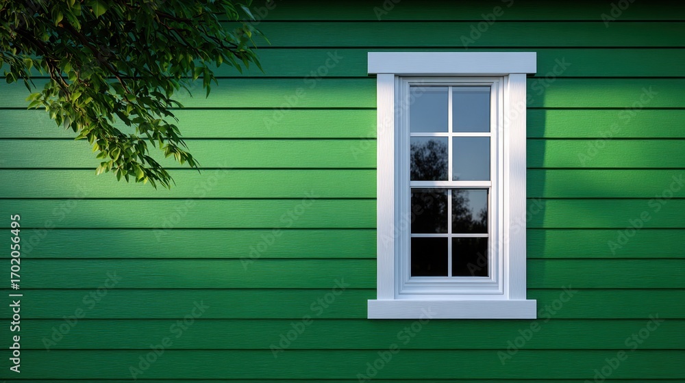 Fototapeta premium Vibrant green vinyl siding creating a refreshing atmosphere during a sunny afternoon, complemented by a charming white window and the gentle embrace of nature