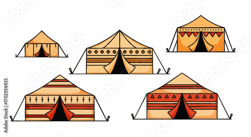 A collection of five hand-drawn traditional nomadic tents with unique ethnic patterns and warm earthy tones.