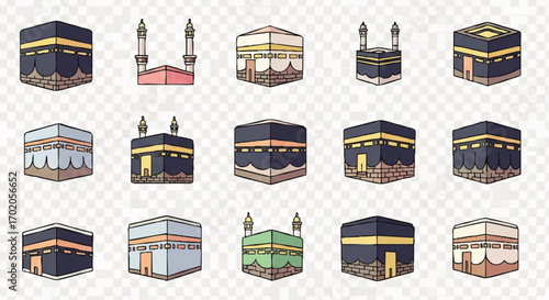 A collection of hand-drawn watercolor style illustrations of the Kaaba and Islamic minarets.