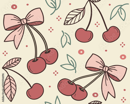 Seamless floral cherry pattern with green leaves and red berries perfect for summer decoration