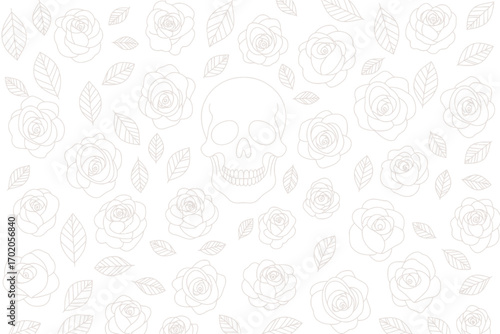 A white background filled with roses and leaves with a skull in the center of the image art
