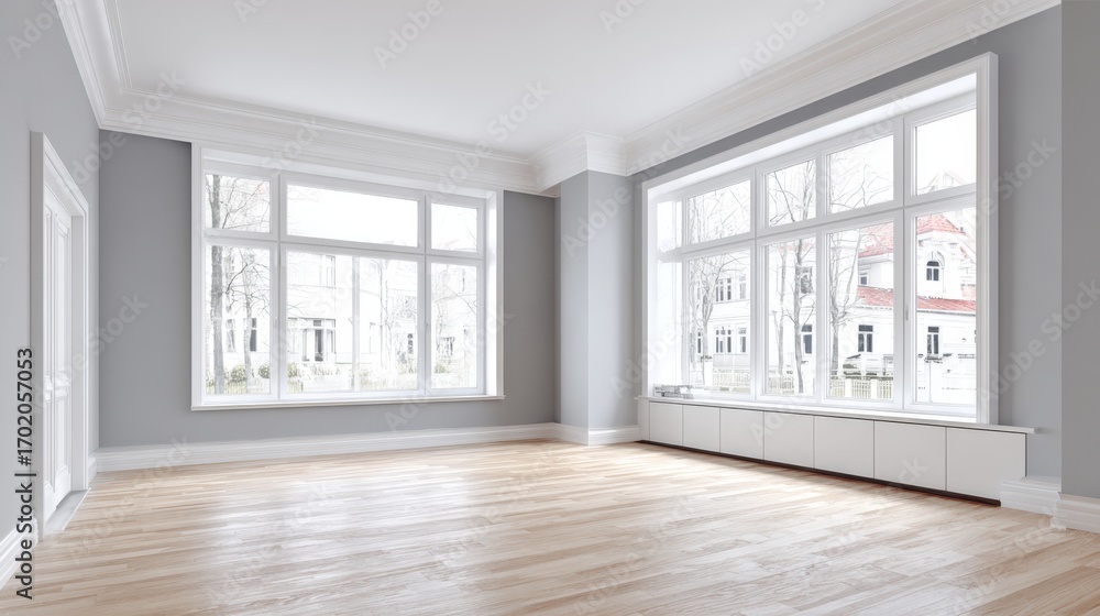 Fototapeta premium Bright and Spacious Empty Room Interior with Large Windows, Hardwood Floors, and Natural Light