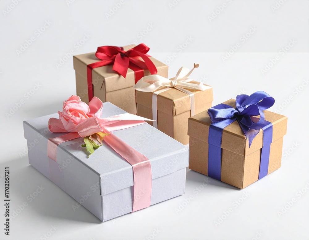Obraz premium Decorative Gift Boxes with Colorful Ribbons and Floral Accent