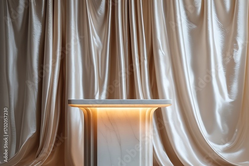 Elegant draped fabric frames a glowing pedestal