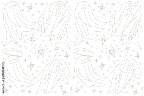 Seamless pattern featuring cartoon ghosts with halos and stars on a white background for halloween decor