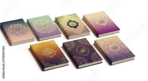 A collection of seven Holy Quran books with colorful gradient covers and ornate Islamic art.