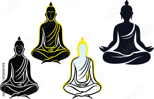 Four stylized Buddha figures meditating in black white and yellow meditation yoga