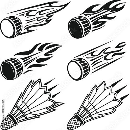 Black and white hockey pucks and shuttlecocks with flame and speed graphics badminton ice hockey