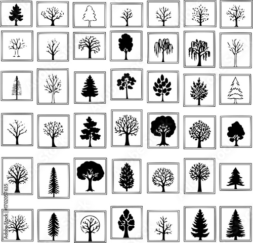 Diverse Collection of Black and White Tree Silhouettes and Illustrations, Featuring Various Species and Styles in a Grid Layout