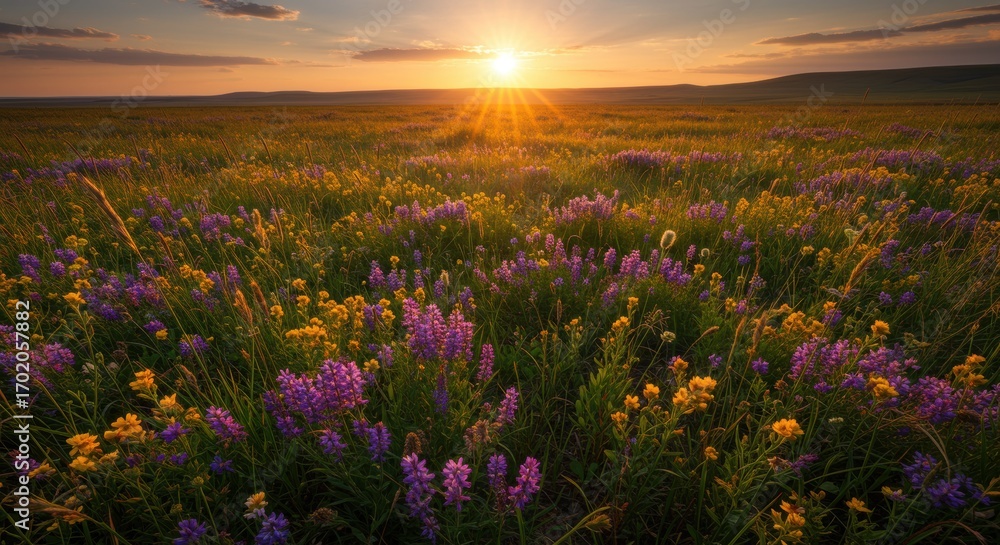 Obraz premium Golden Sunset Over a Wildflower Meadow A Breathtaking Nature Scene