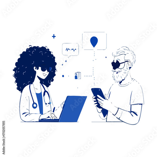 Telemedicine Interaction Vector – Doctor and Patient Connected via Smartphone, Chat, and Pill Icons for Digital Healthcare