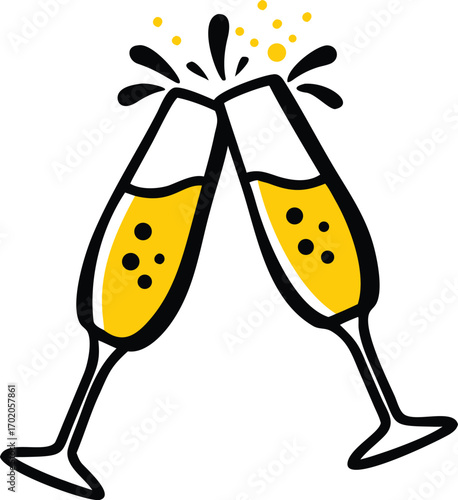 Two champagne glasses clinking with yellow bubbly liquid and splashes toasting celebration