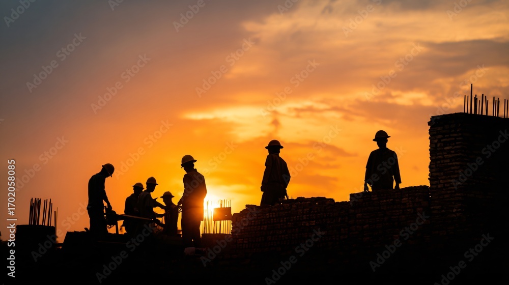 Fototapeta premium Silhouette of construction team at sunset, brick wall backdrop