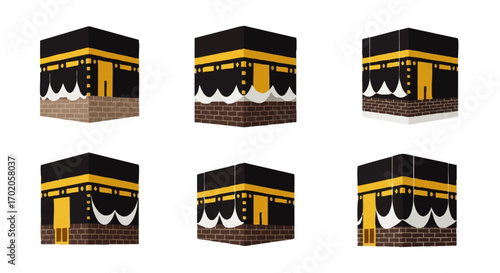 A collection of six stylized isometric vector illustrations of the Kaaba with gold ornamentation.