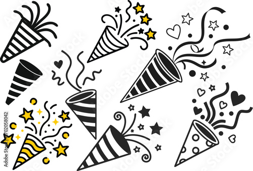 Black and yellow party poppers exploding with confetti stars and ribbons celebration explosion