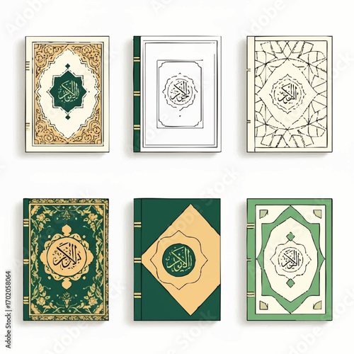 A collection of six illustrated Quran covers featuring diverse Islamic art, patterns, and Arabic calligraphy.