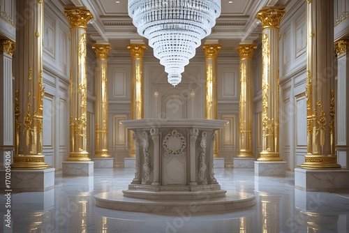 Grand hallway with ornate chandelier and golden columns