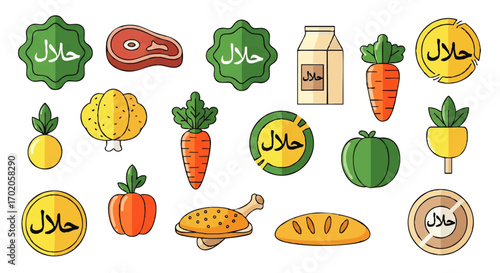 A colorful collection of flat design Halal food icons, including meat, vegetables, and certification labels with Arabic script.