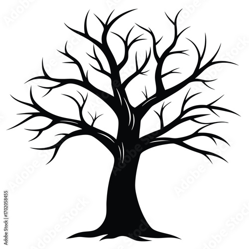 Black silhouette of a bare tree with visible roots and intricate branches