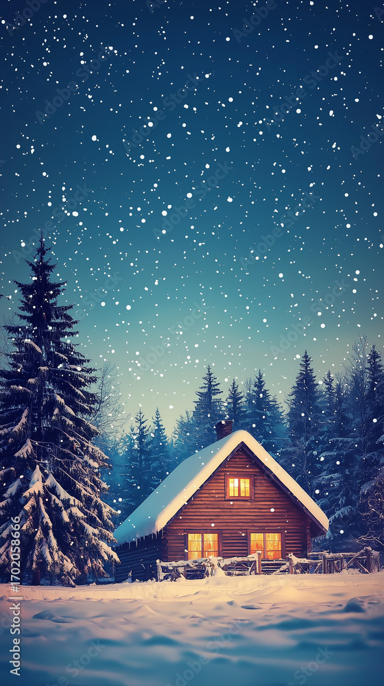 Naklejka premium A cozy wooden cabin glows amid a snowy pine forest at dusk, while large snowflakes drift through a deep blue winter sky.