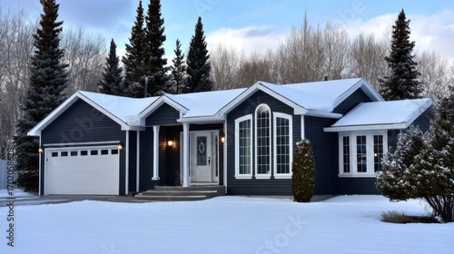 Charming house with vinyl siding under a clear sky surrounded by snow and tall evergreen trees in a tranquil winter setting