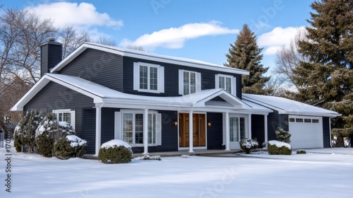 Charming house with stylish vinyl siding nestled in a tranquil snowy landscape on a clear winter day