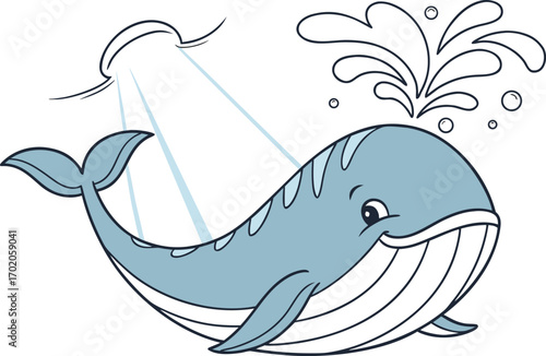 Cartoon blue whale spouting water and smiling with light blue rays illustration
