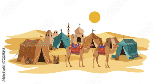 Caravan of Camels in a Desert Oasis Camp.