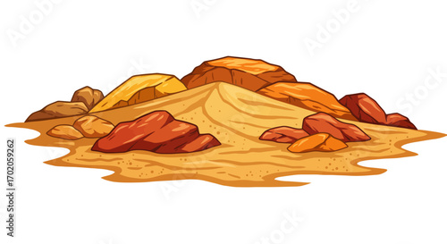 Cartoon Desert Landscape with Rocks and Sand Dunes Illustration.