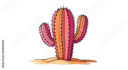 Colorful Cartoon Cactus with Spines on Sand 1.