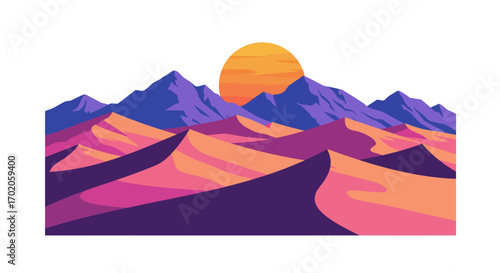 Colorful Desert Landscape with Mountains and Rising Sun Illustration 1.