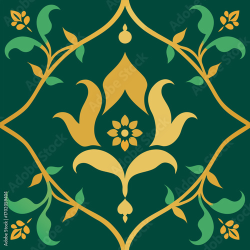 Mughal-inspired seamless pattern with ornamental vines, intricate details, gold and emerald green color palette