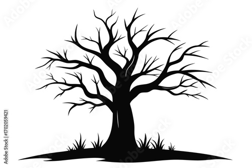 Silhouette Illustration of Bare Tree with Grass, Vector Graphic Design for Halloween Projects