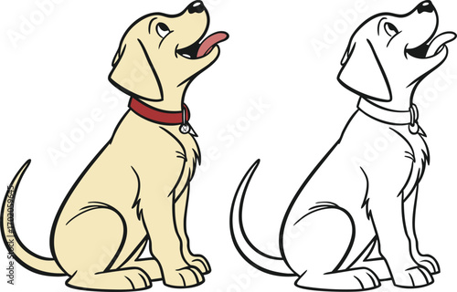 Yellow cartoon puppy dog sitting with tongue out and red collar vector