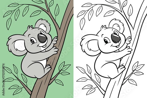 Cartoon koala climbing a tree with leaves and a coloring page version animal
