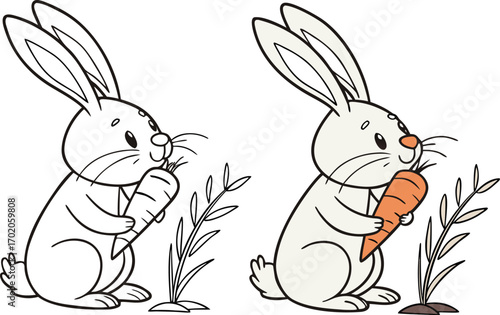 Two cartoon rabbits one line drawing one colored holding carrots bunny outline