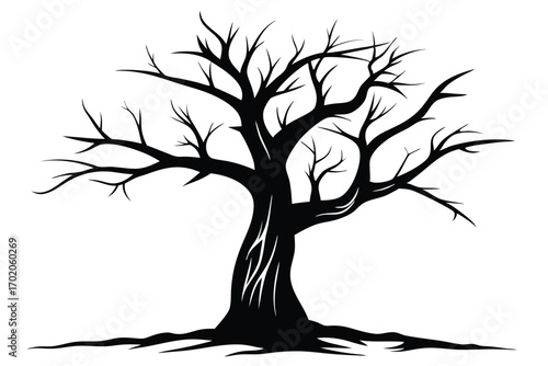 Silhouette of a Bare Tree with Roots and Branching Limbs in Black