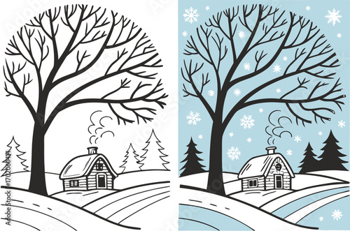 Winter cabin under bare tree with falling snowflakes and smoke house