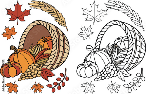 Cornucopia overflowing with pumpkins grapes and corn with autumn leaves harvest fall, coloring page