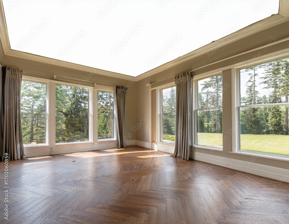 Fototapeta premium interior of a great room with wrap around double high floor to ceiling windows cutout to transparency for custom background