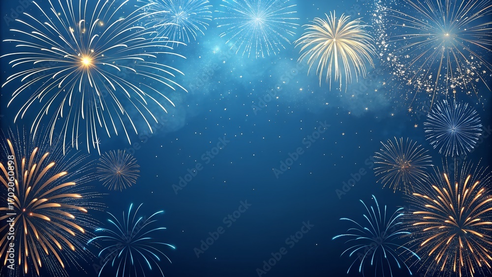 Fototapeta premium Golden Fireworks Frame on Blue Background
