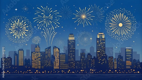 Golden Fireworks Over City Skyline at Night