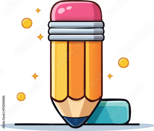 A vibrant and playful cartoon illustration of a large pencil with a pink eraser, accompanied by a separate blue-green eraser. The design is bold and friendly, perfect for educational websites. 