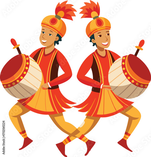 Two men in traditional Indian attire playing dhol drums musician